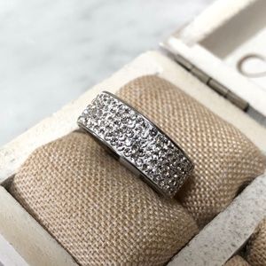 Stainless Steel White Rhinestones Inlay Pave Silver Eternity Wedding Ring 8.5MM